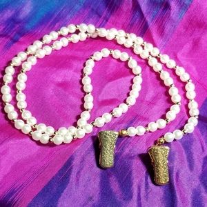 Vintage badge or mask clip holder chain faux pearl gold tone lanyard